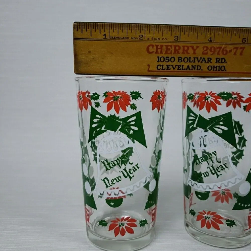 Vintage 7 Merry Christmas Happy New Year Cups Tumblers Continental Glass MCM